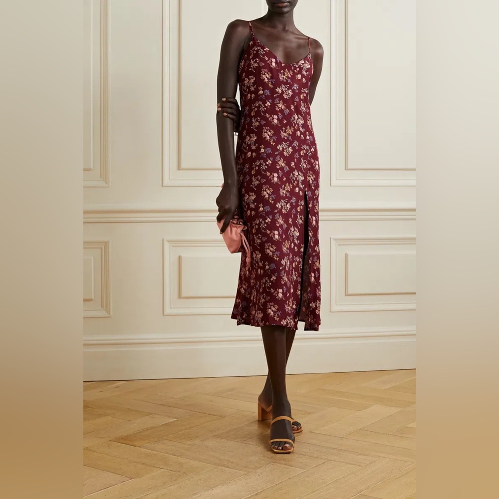 Reformation Crimini Dress in Burgundy Floral Pattern